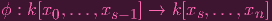 ϕ : k[x0,...,xs- 1] → k[xs,...,xn ]
