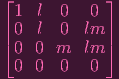 ⌊            ⌋
  1  l 0   0
|⌈ 0  l 0   lm |⌉
  0 0  m   lm
  0 0  0   0