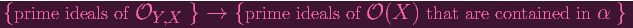{prime  ideals of OY,X  } →   {prime  ideals of O (X ) that are contained in α  }
