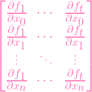 ⌊                ⌋
  ∂f1-  ⋅⋅⋅  ∂ft-
| ∂x0        ∂x0 |
| ∂f1-  ⋅⋅⋅  ∂ft-|
| ∂x1        ∂x1 |
|⌈   ...   ...    ... |⌉
  ∂f         ∂f
  ∂x-1  ⋅⋅⋅  ∂x-t
     n          n