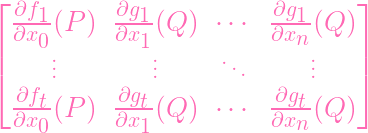 ⌊                                  ⌋
  ∂f1-(P )  ∂g1-(Q ) ⋅ ⋅⋅  ∂g1-(Q )
  ∂x0       ∂x1            ∂xn
|⌈     ...         ...     ...      ...   |⌉
  ∂f        ∂g             ∂g
  ∂x-t(P )  ∂xt-(Q ) ⋅ ⋅⋅  ∂xt-(Q )
     0        1              n